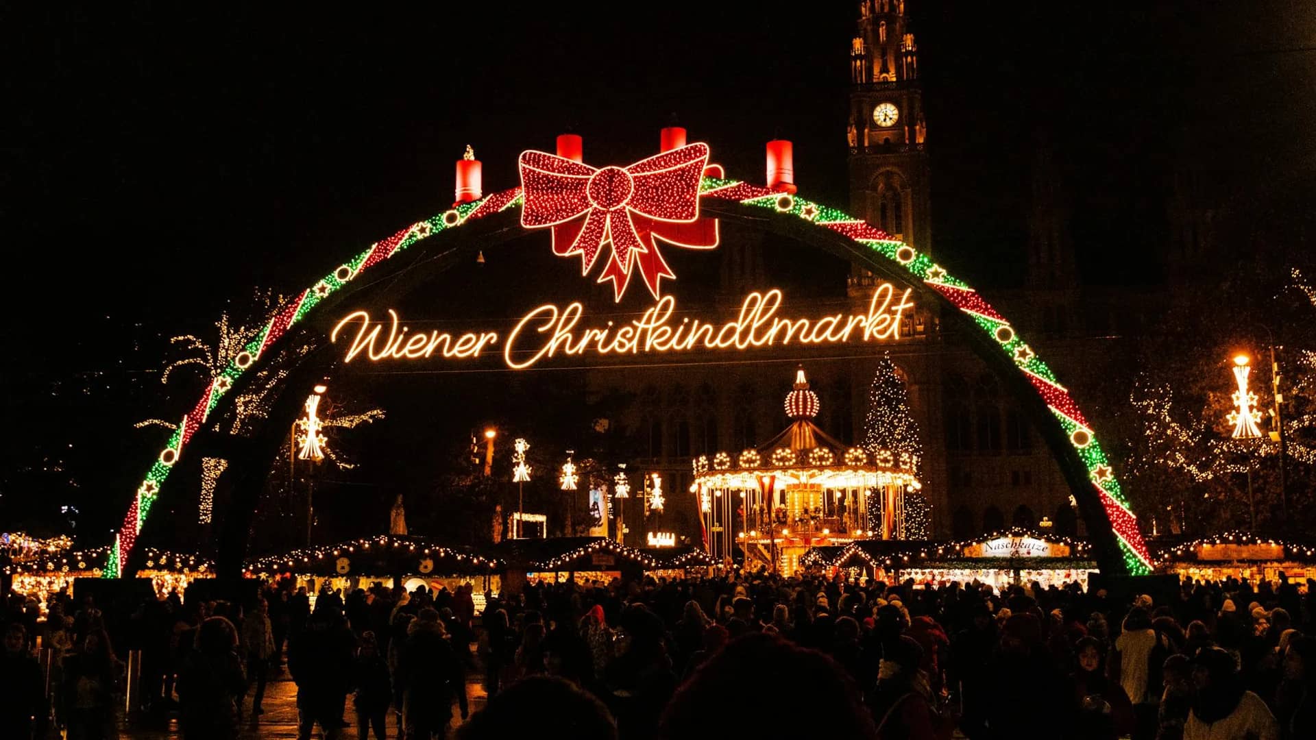 Vienna illuminated Rathaus glows during the festive Vienna Christmas market season