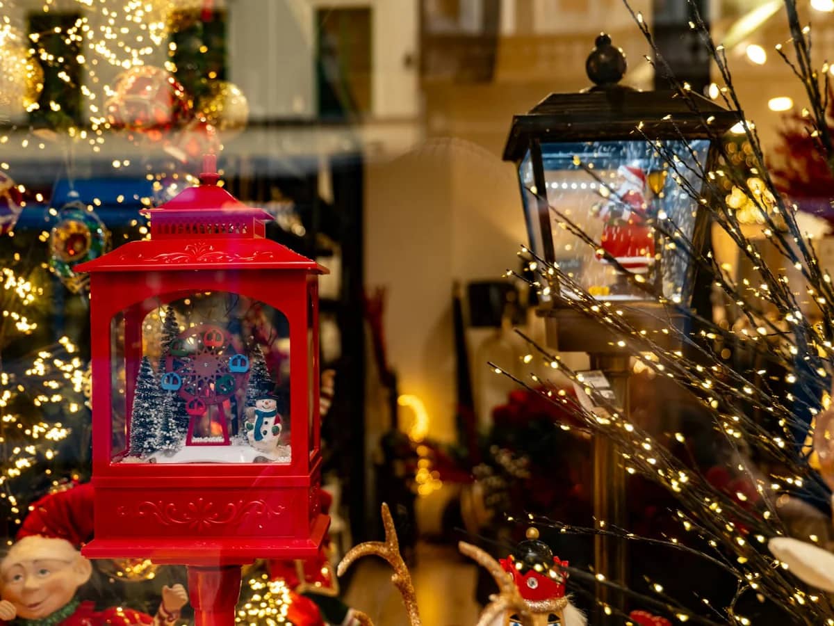 Zagreb festive Christmas window decorations with warm golden lighting