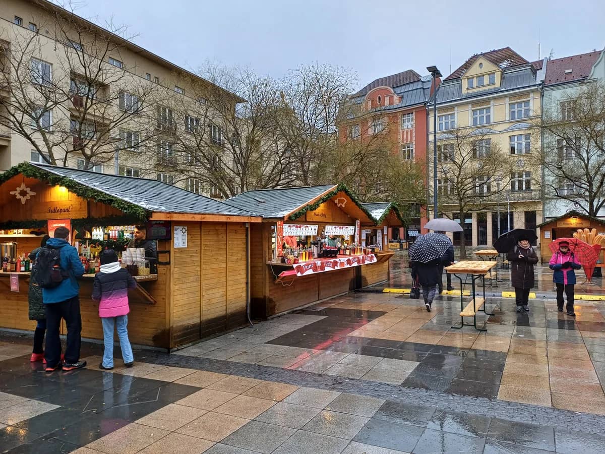 Ostrava Christmas market scene in winter with festive decorations