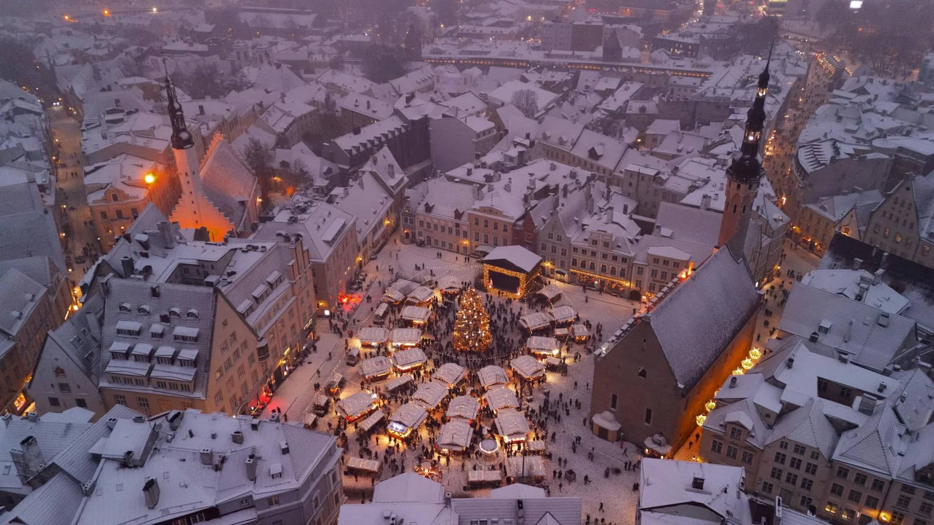 Tallinn Old Town aerial view at dusk during winter season with Christmas market