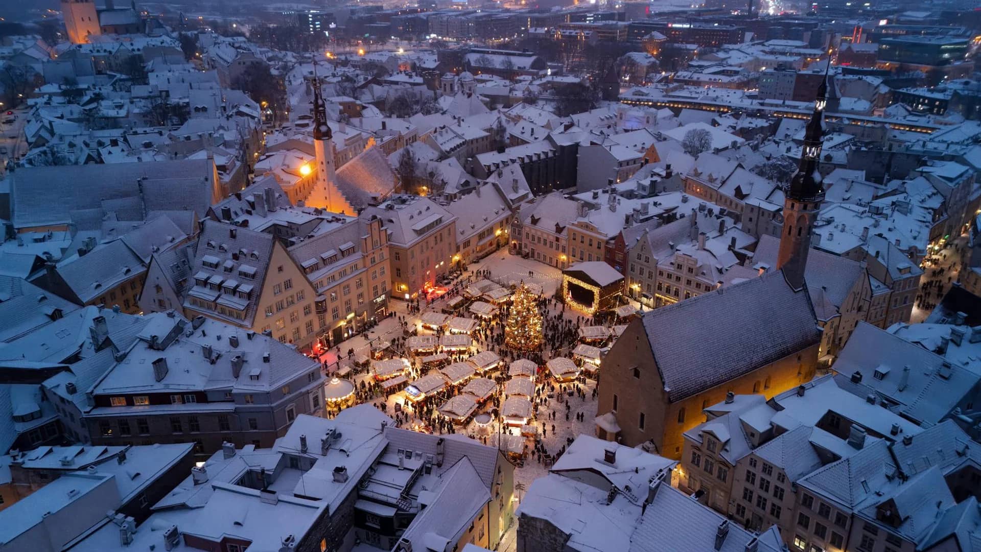 Tallinn's stunning Old Town illuminated by Christmas lights in winter