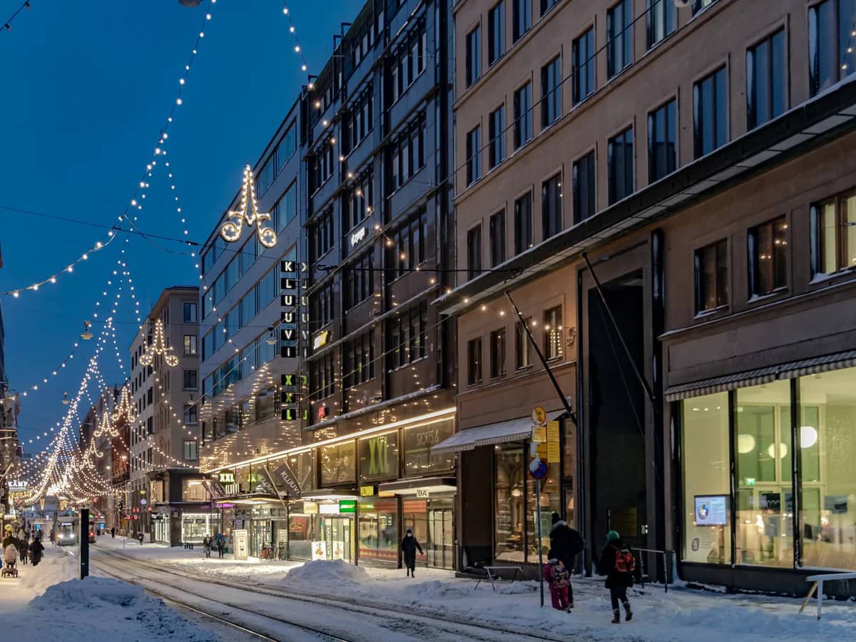 Helsinki's Aleksanterinkatu adorned with festive lights during winter