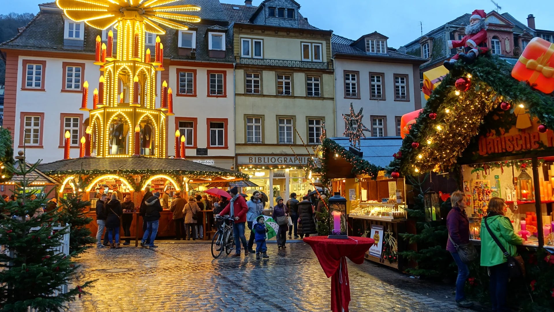 Heidelberg illuminated nativity pyramid during winter Christmas market
