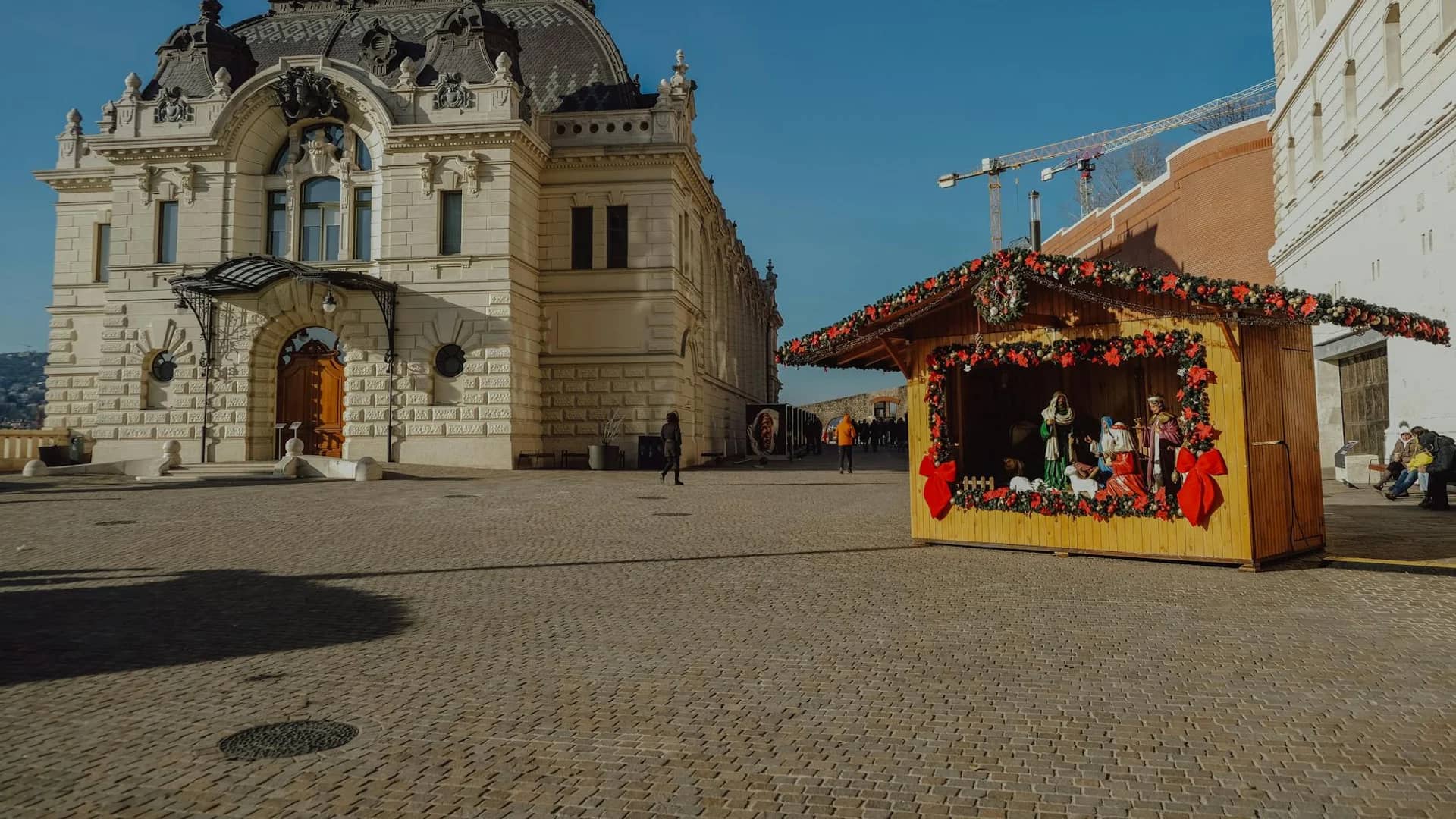 Budapest Fisherman's Bastion at Christmas with vibrant market stall