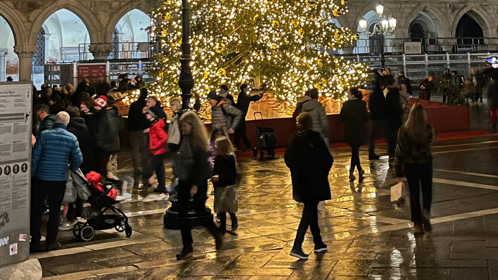 Venice golden Christmas tree and Doge's Palace at night