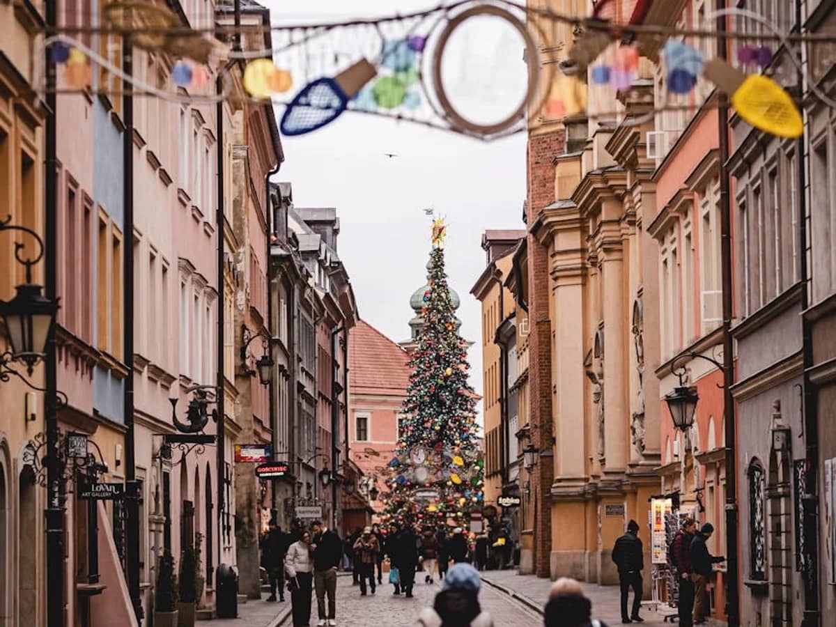 Vilnius charming Old Town street adorned for Christmas season
