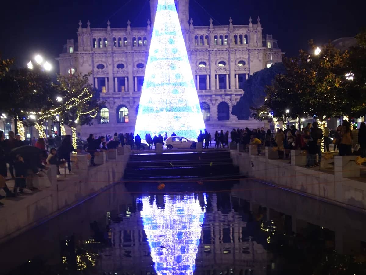 Porto City Hall illuminated with stunning blue Christmas lights during winter
