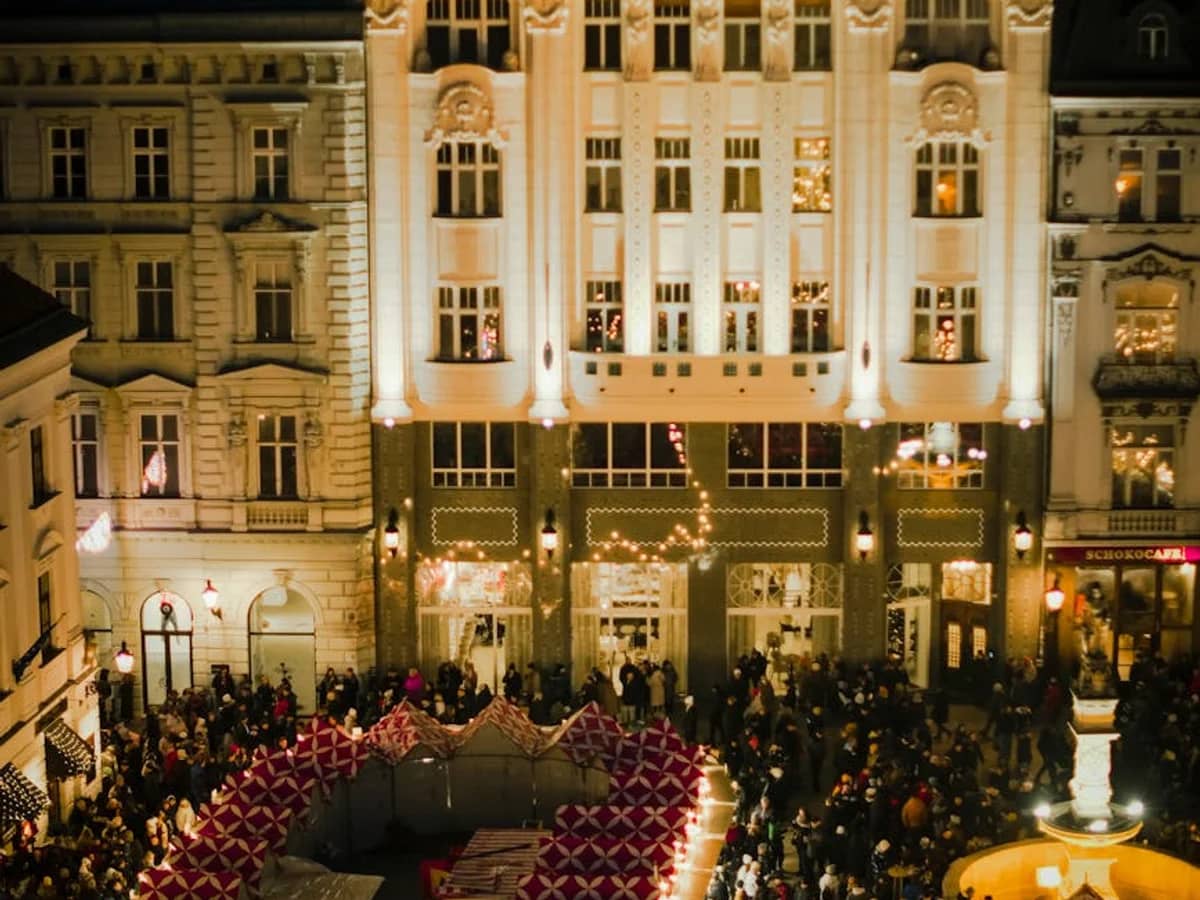 Bratislava Primate's Palace illuminated during winter Christmas market