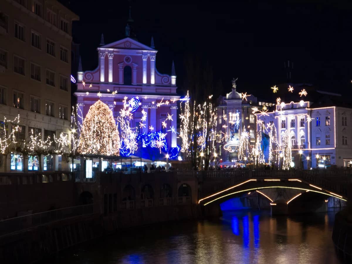 Ljubljana Franciscan Church illuminated during Christmas season