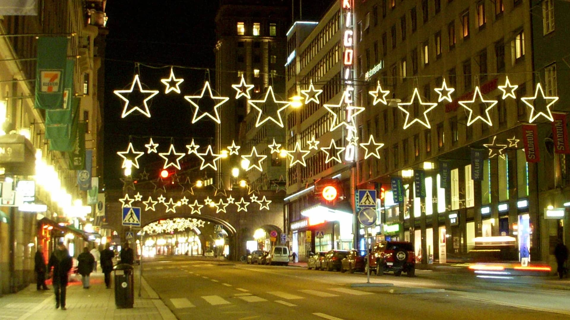 Stockholm Kungsgatan street adorned with stars in Christmas season